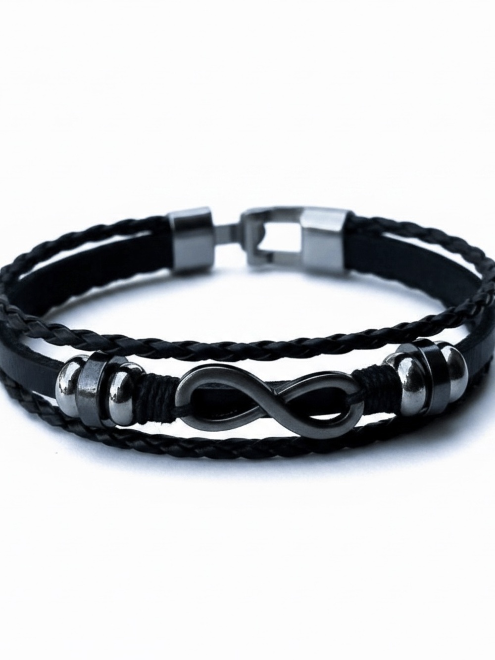 Mens Multi-Strand Black Silver Leather Cord Bracelet with a Infinity Charm